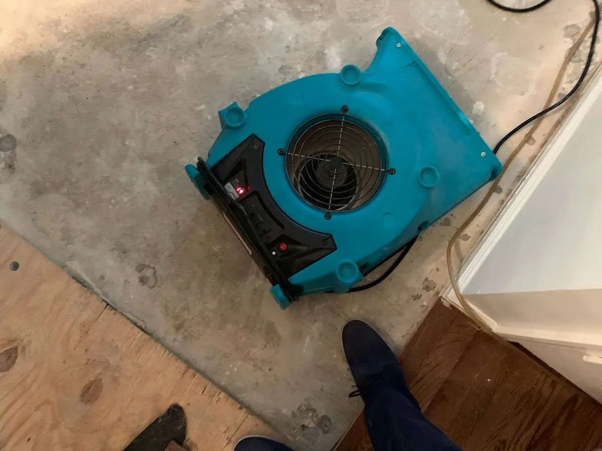 Air mover drying subfloor during Leak Detection & Repair in Joplin